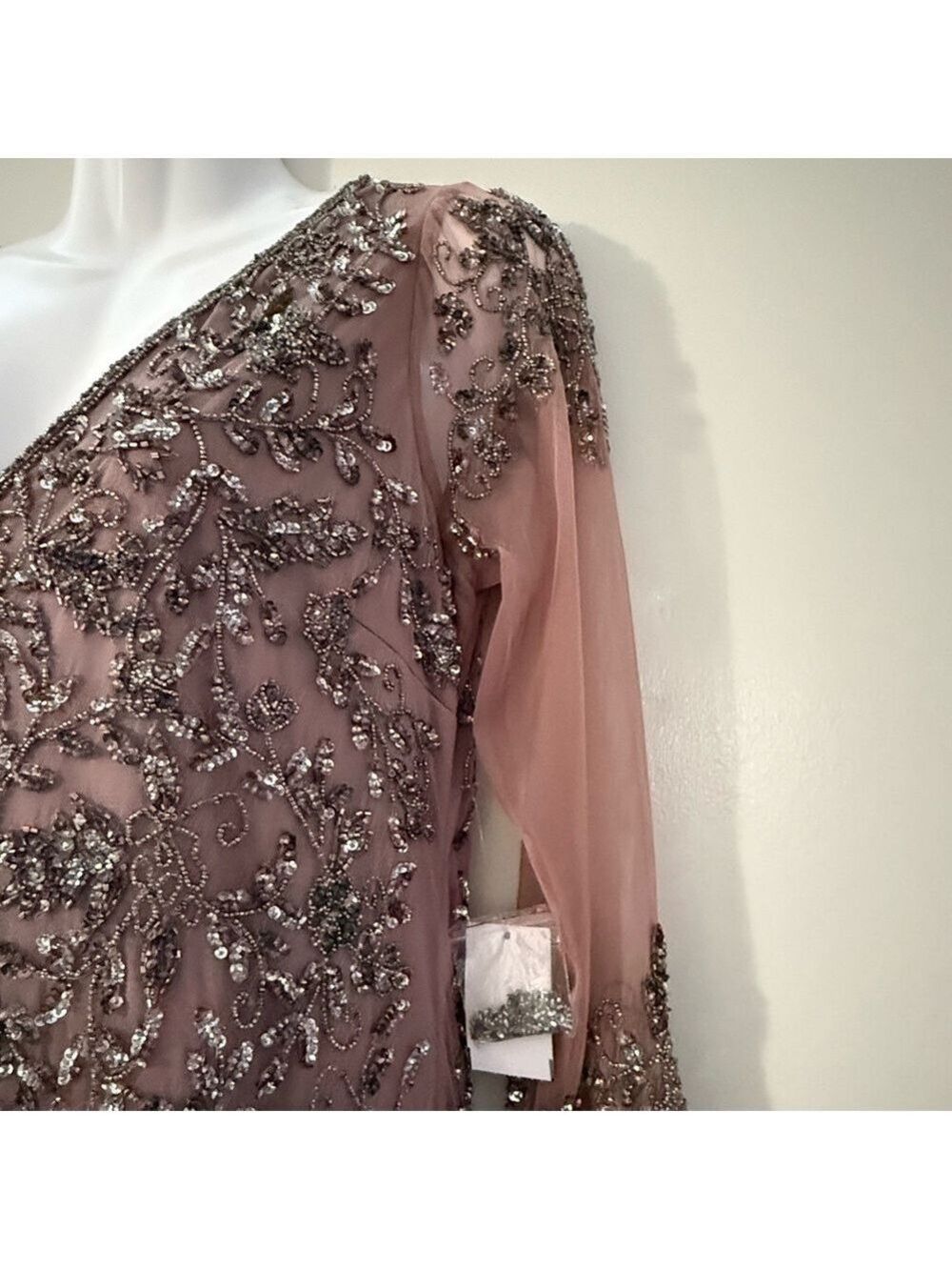 Pisarro Nights Beaded V-Neck Maxi Dress Size 8 | Rose Taupe Formal Gown - Picture 6 of 14